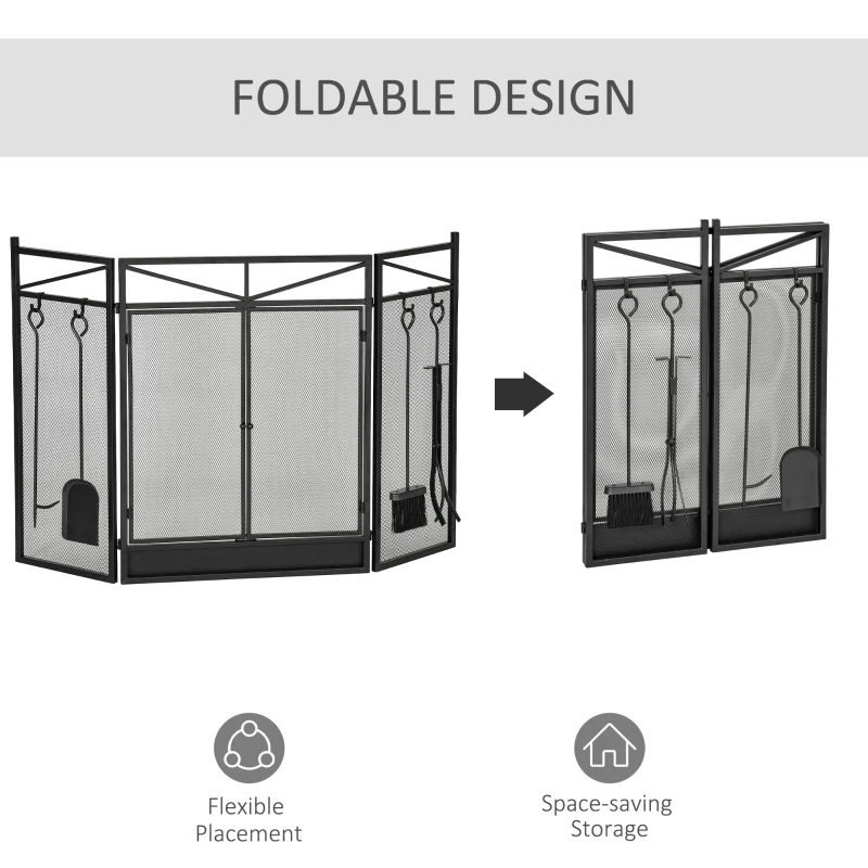 HOMCOM 3-Panel Folding Fireplace Screen with 2 Magnetic Doors and Fire Place Tools Set, Fire Spark Guard for Wood Burning, with Brush, Shovel, Poker, Firewood Tongs, 48" x 0.75", Black