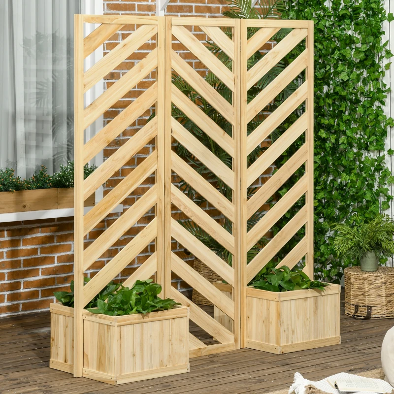 Outsunny Decorative Outdoor Privacy Screen, Freestanding Divider/Separator with 4 Self-Draining Planters, 3 Trellis Plant Support Panels for Garden Walkway, Backyard, Natural Wood