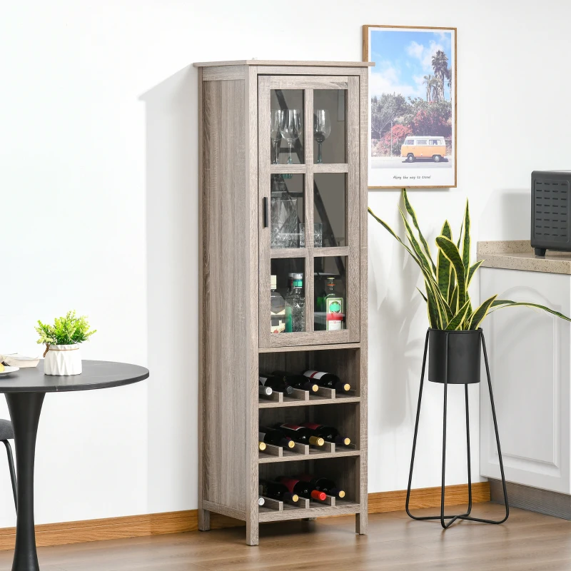 HOMCOM Tall Wine Cabinet, Bar Display Cupboard with 12-Bottle Wine Rack, Glass Door and 3 Storage Compartment for Living Room, Home Bar, Dining Room, Grey Oak