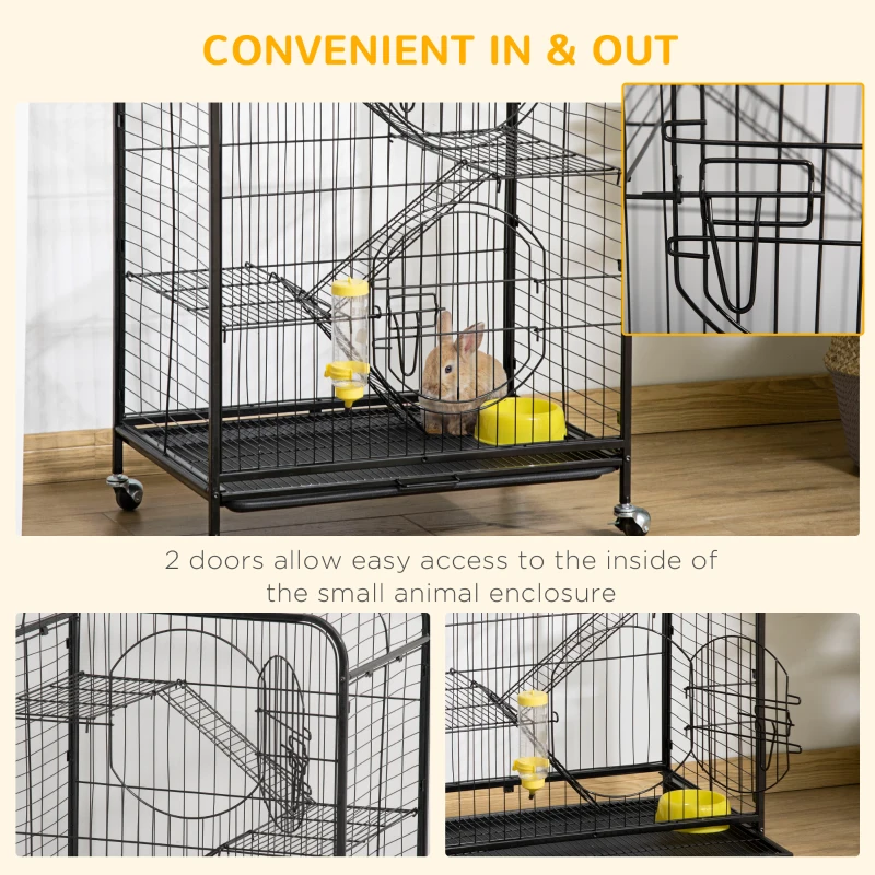PawHut Rolling Small Animal Cage 36.6" Pet Rabbit Ferret Playpen, Animal Supply Kit Metal Black for Bunny, Pet Mink, Chinchilla