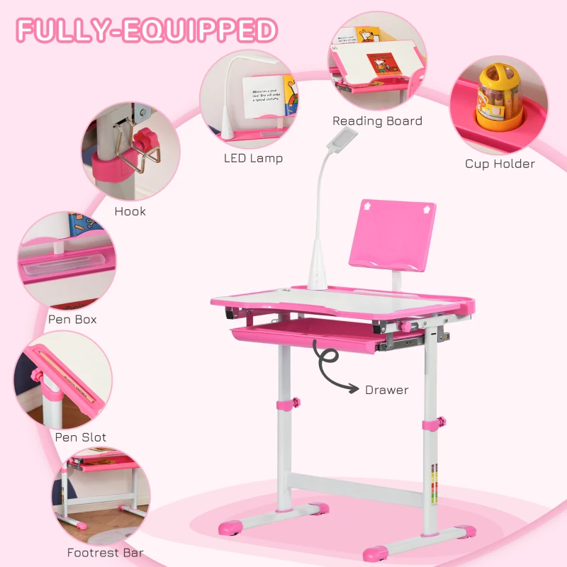 Qaba Kids Desk and Chair Set Height Adjustable Student Writing Desk Children School Study Table with Tilt Desktop, LED Lamp, Pen Box, Drawer, Reading Board, Cup Holder, Pink