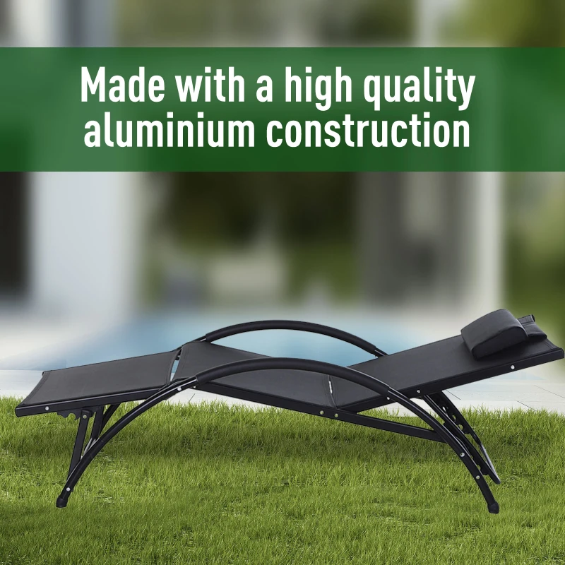 Outsunny Outdoor Lounge Chair with Breathable Mesh Fabric Seat, 5-Level Adjustable Reclining Chair with Aluminum Frame, Headrest Pillow, Adjustable Footrest, Black