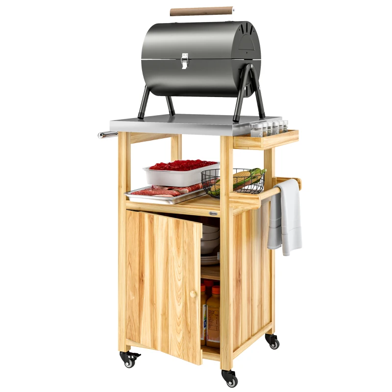 Outsunny Outdoor Grill Cart w/ Stainless Steel Top, Solid Wood Outdoor Kitchen Island w/ Wheels, Integrated Hole, Natural Wood