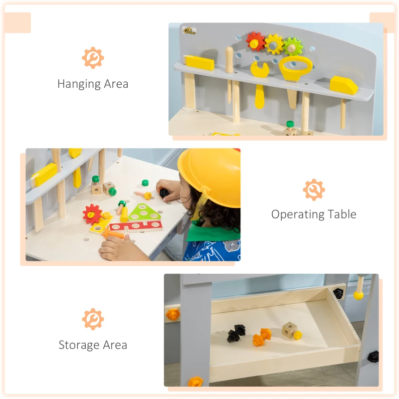 Qaba Wooden Kids Tool Bench with 31 Piece Kids Tool Kit, Workbench Playset, Construction Work Shop Toy for Girls and Boys Ages 3-6 with Storage Shelf