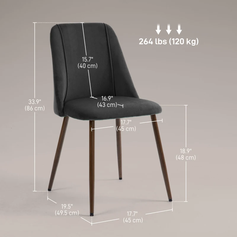 HOMCOM Upholstered Dining Chairs Set of 4, Velvet Accent Chair with Back and Wood-grain Steel Leg for Kitchen, Black