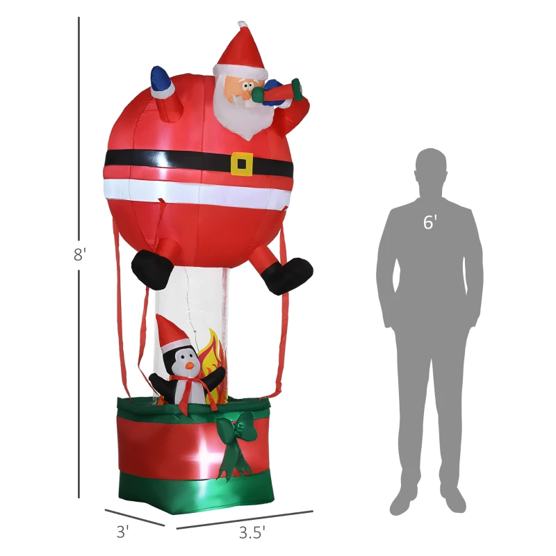 Outsunny 8ft Christmas Inflatables Outdoor Decorations Santa Claus Hot Air Balloon with Penguin, Blow-Up LED Yard Christmas Decor for Lawn Garden Party