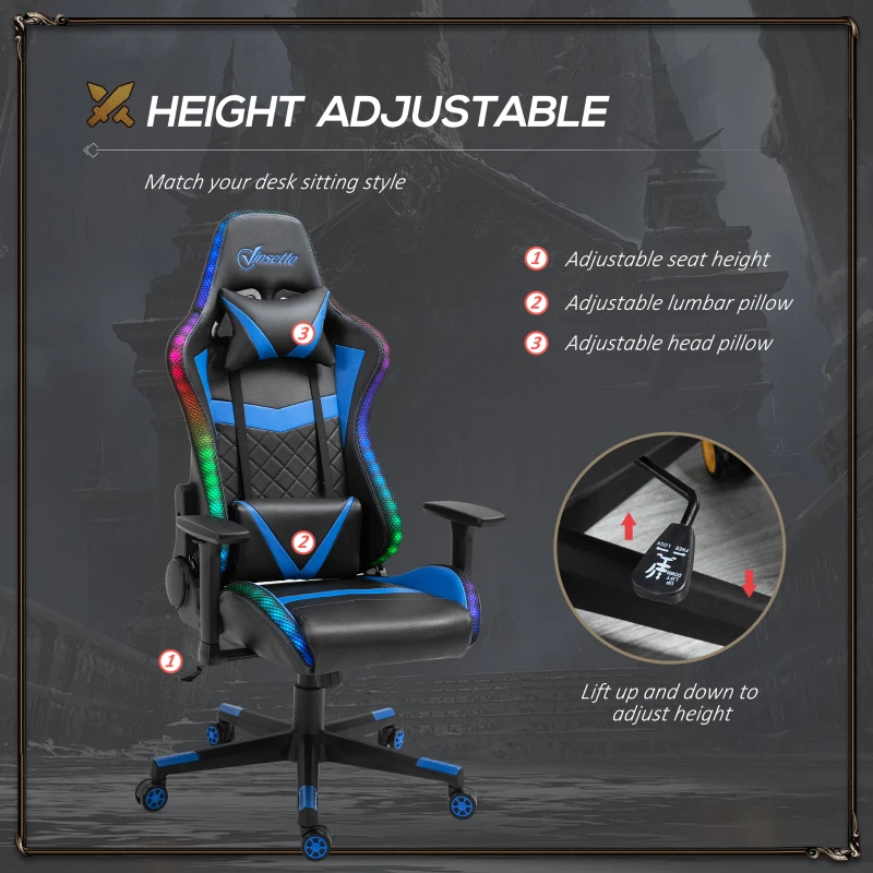 Vinsetto Racing Gaming Chair with RGB LED Lights, Adjustable Height, Gamer Office Chair, Computer Desk Chair, Black/Blue