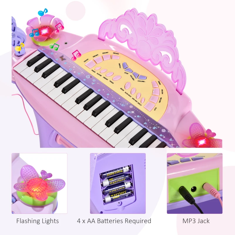 Qaba 32-Key Princess Electronic Toy Piano for Kids, Educational Keyboard Piano with Stool, MP3, Record, Flashing Lights, Microphone for 3-6 Years, Pink