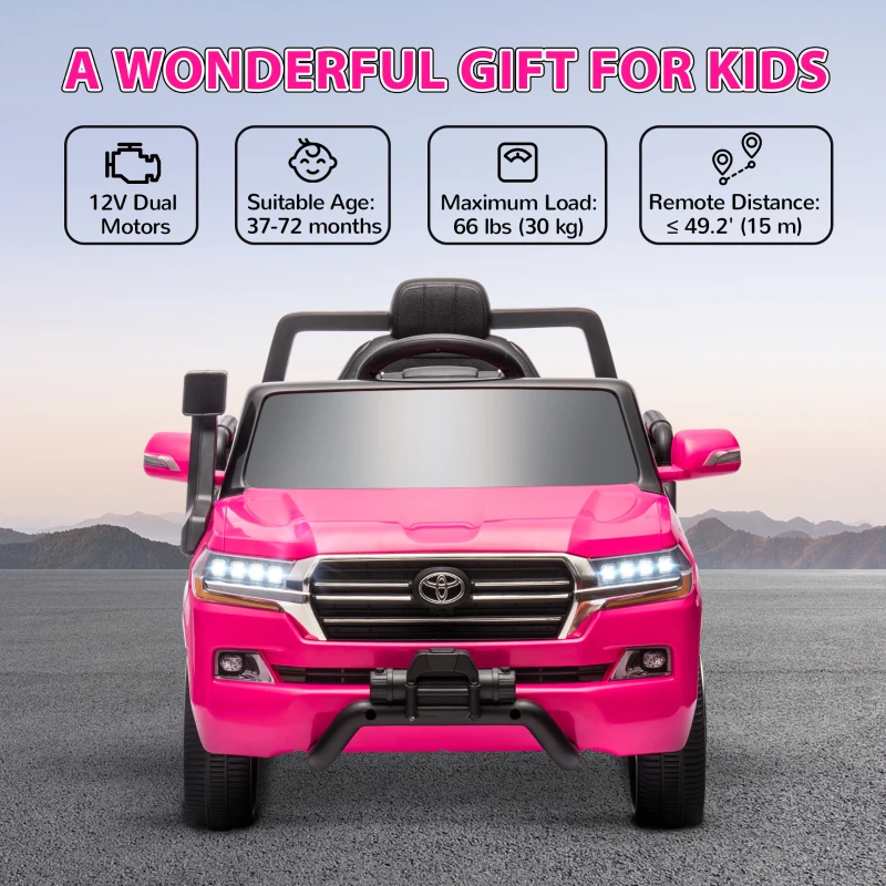 Qaba 12V Toyota LAND CRUISER Licensed Kids Car w Remote Control, Four Wheel Spring Suspension, Soft Start, LED Light, Pink