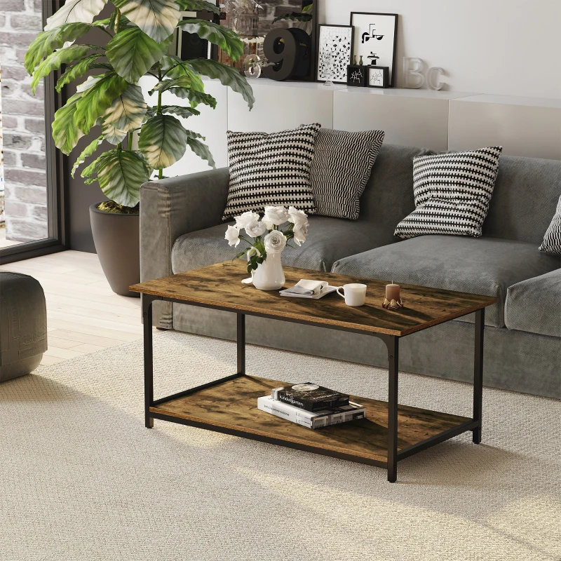HOMCOM Industrial Coffee Table with Storage Shelf, 2-tier Center Table for Living Room, Rustic Brown