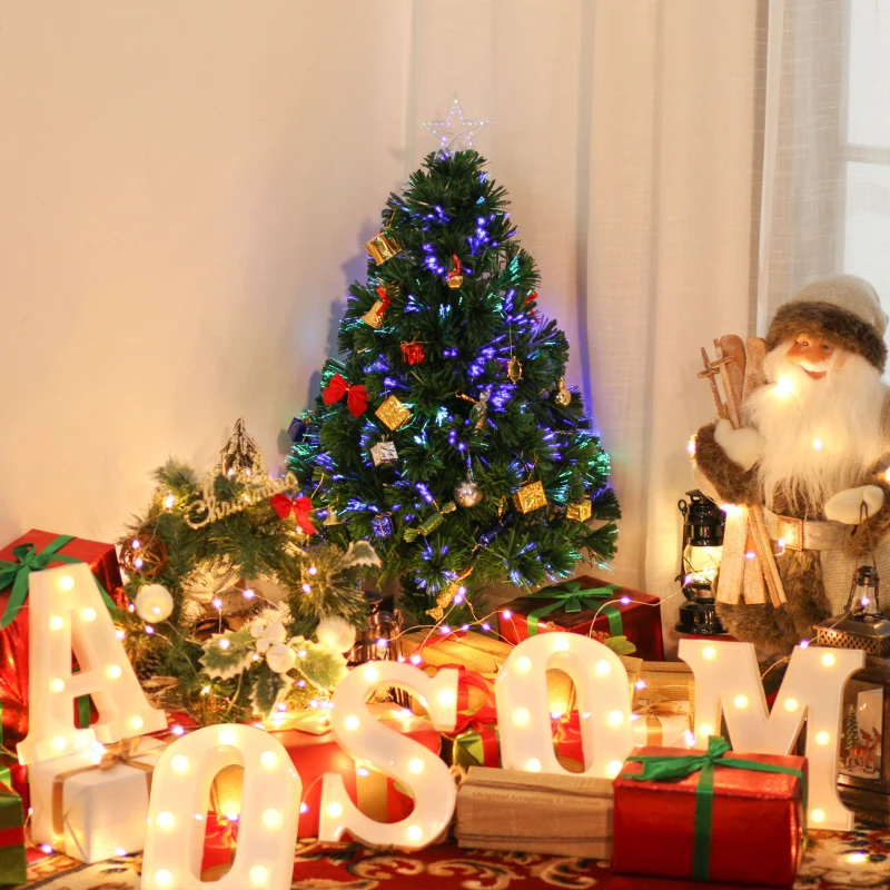 HOMCOM 2.5FT Prelit Artificial Tabletop Christmas Tree with Fibre Optics Holiday Home Xmas Decoration for Table and Desk Geen