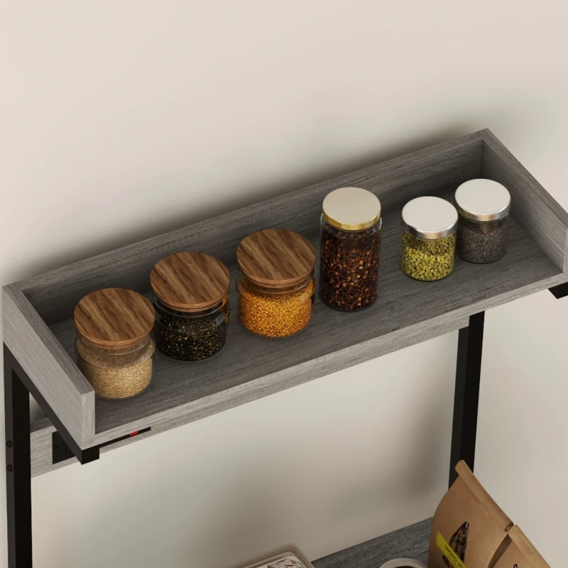 HOMCOM Kitchen Baker's Rack with Power Outlet, Coffee Bar Station with Adjustable Shelves and Hooks, Distressed Grey