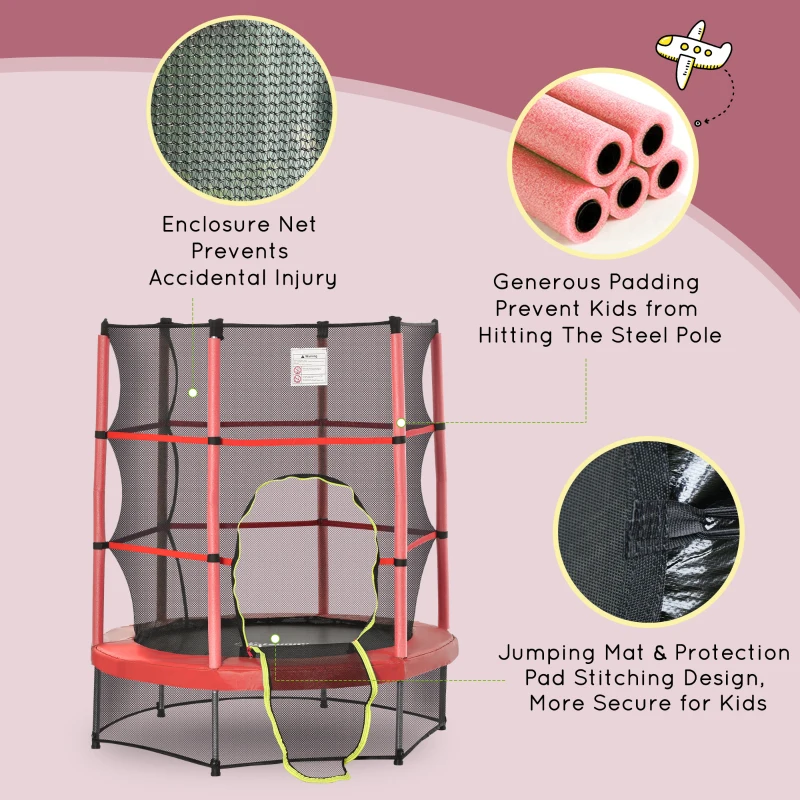 Outsunny Φ5FT Kids Trampoline with Enclosure Net for Age 3 to 6 Years Red