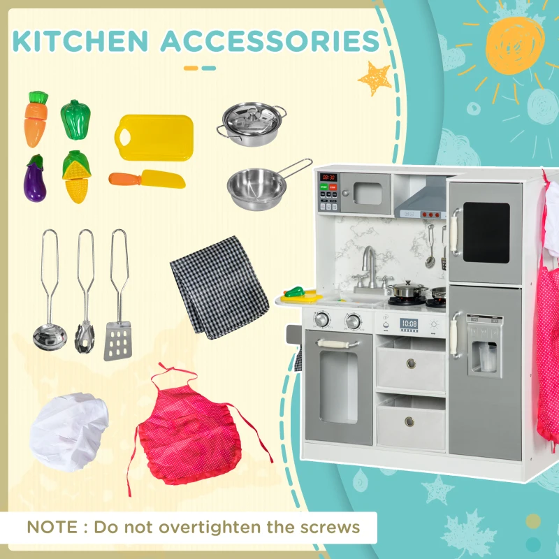 Qaba Play Kitchen Set for Kids W/ Lights Sounds, Apron and Chef Hat, White