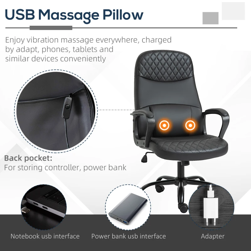 Vinsetto Massage Office Chair, PU Leather Swivel Chair with 2-Point Vibration Lumbar, USB Power and Adjustable Height, Black