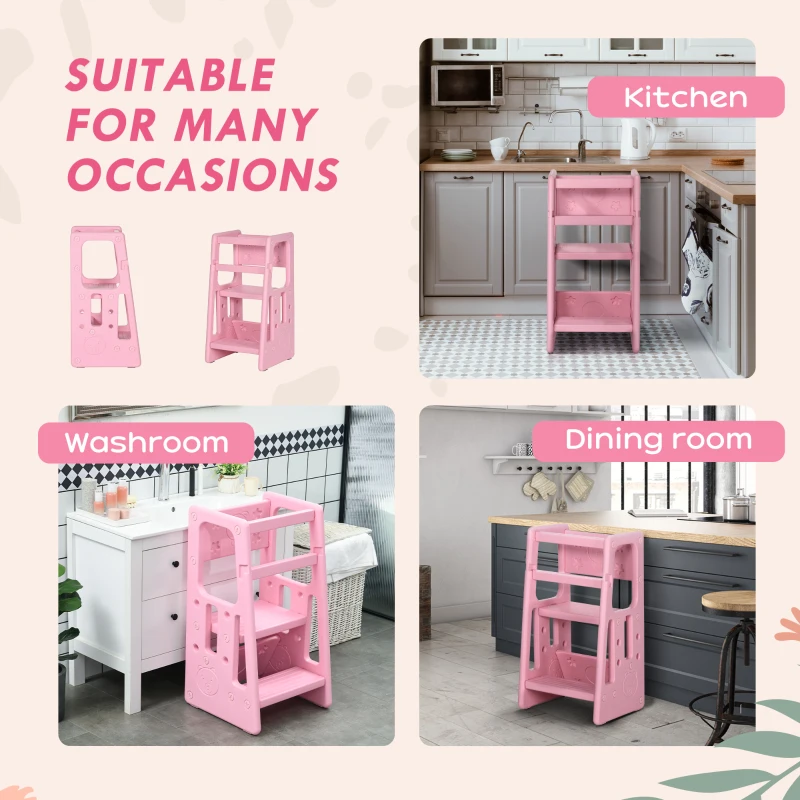 Qaba Toddler Tower with Adjustable Height, Anti-slip Mat, Toddler Step Stool, Pink