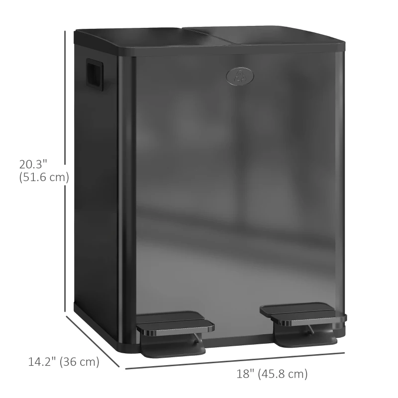 HOMCOM Dual Garbage Bin, Soft-Close Trash Can with Foot Pedal, 2 x 20 Liter Garbage Can with Removable Inner Buckets, Black