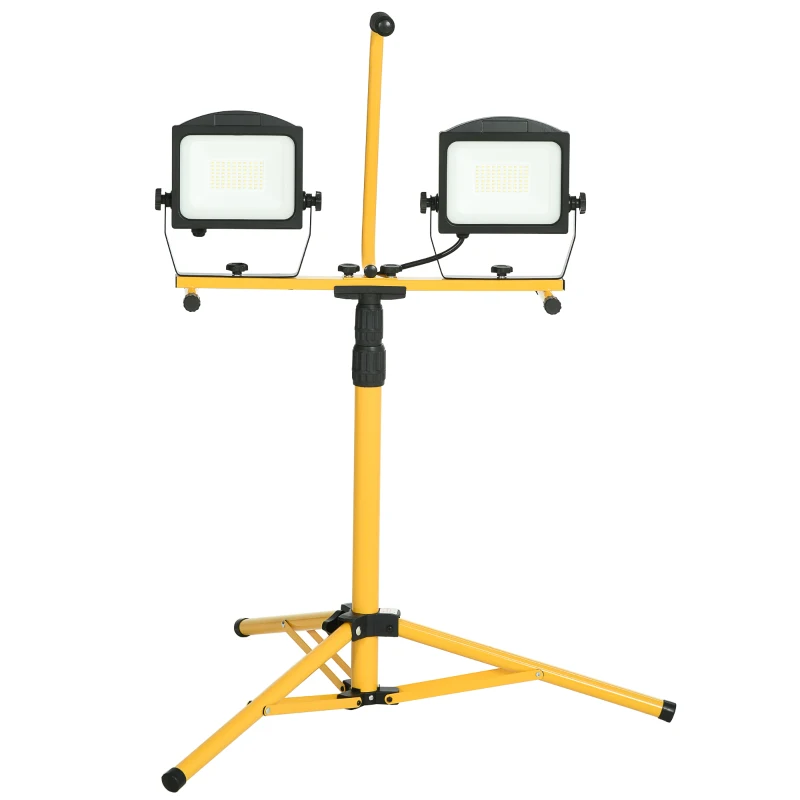 HOMCOM 50W 10000 Lumen Dual Head Weather Resistant LED Work Lights with Tripod Stand, Yellow