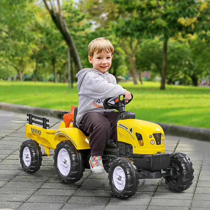 Aosom Kids Ride on Tractor with Back Trailer, Shovel & Rake, Horn, Pedal Go Kart for 3 Years Old, Yellow(m-2)