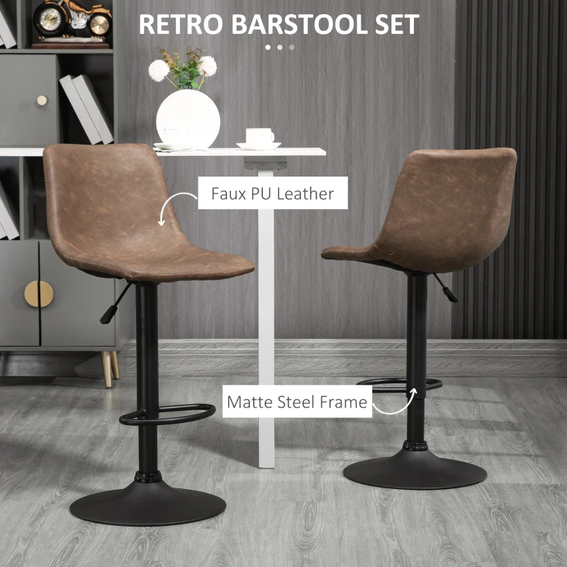 HOMCOM Adjustable Counter Height Bar Stools Set of 2, 360° Swivel Kitchen Counter Stools Dining Chairs with Backs, Vintage Leather, Brown