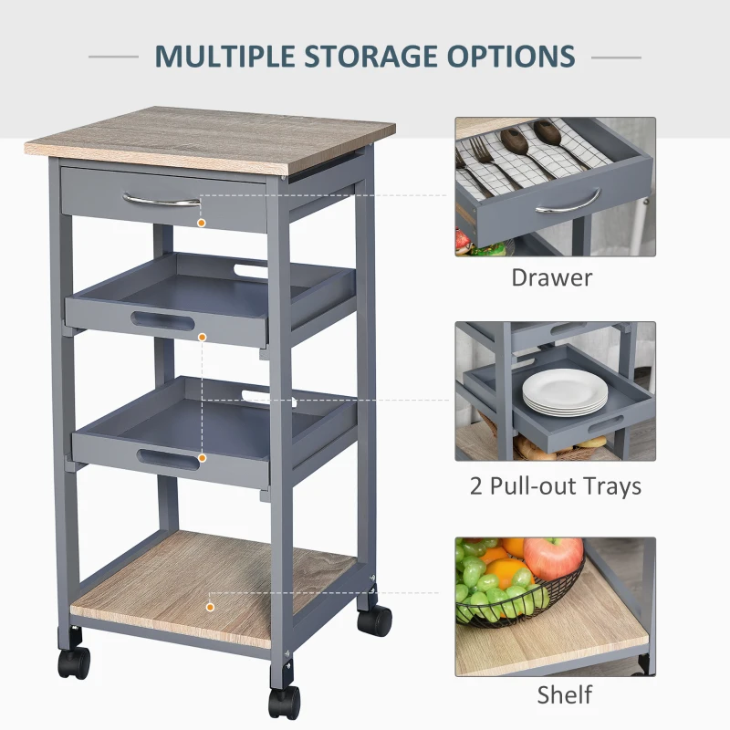 HOMCOM Kitchen Island Rolling Trolley Utility Serving Cart with Drawer  Grey