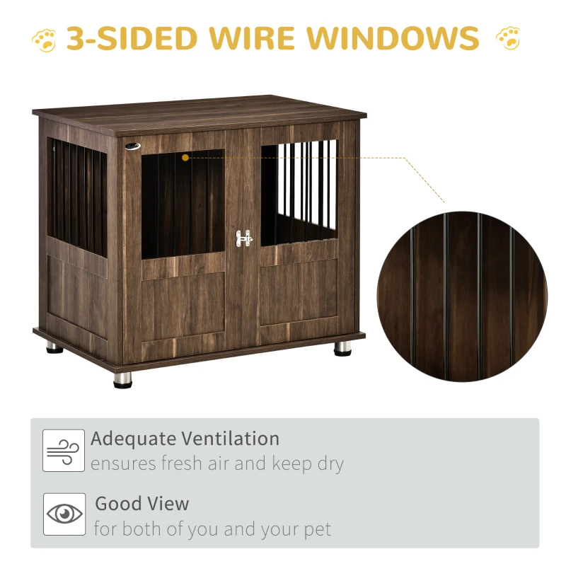 PawHut Dog Crate Furniture, Wooden End Table Furniture with Lockable Magnetic Doors, Small & Medium Size Pet Kennel Indoor Animal Cage, Brown