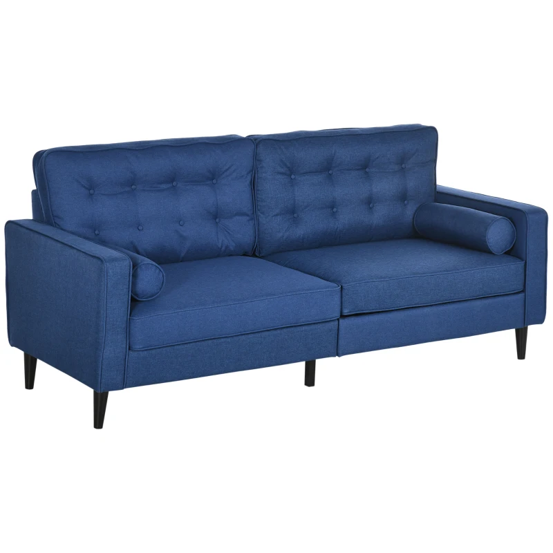 HOMCOM Mid-Century Sofa, Couch with Button-Tufted Back Cushion, Velvet Feel Fabric Upholstery, 2 Cylindrical Pillows and Rubber Wood Legs for Living Room, Dark Blue