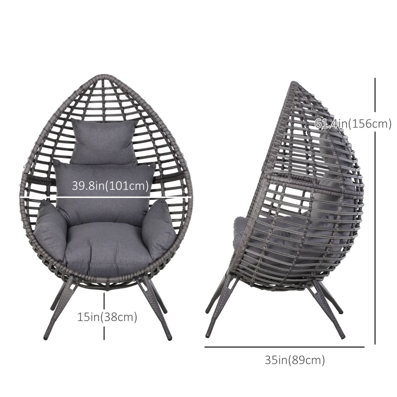 Outsunny Outdoor/Indoor Rattan Chair with Soft Cushion, Wicker Egg Lounge Chair for Backyard Garden Balcony Lawn, Grey