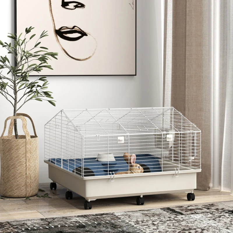 PawHut Rolling Small Animal Cage with Water Bottle, Hay Feeder, Food Dish for Rabbits, Hedgehogs, Guinea Pigs, 35" x 35" x 25"