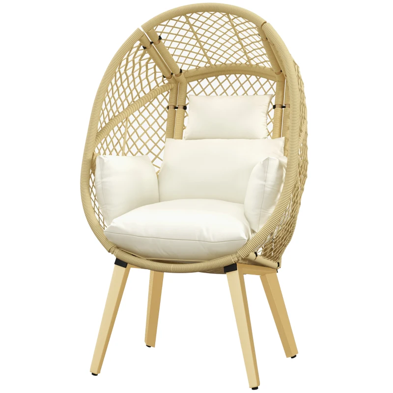 Outsunny PE Rattan Egg Chair, Patio Leisure Chair, Outdoor Furniture w/ Cushion, 34.6" x 33.5" x 56.3", Cream White