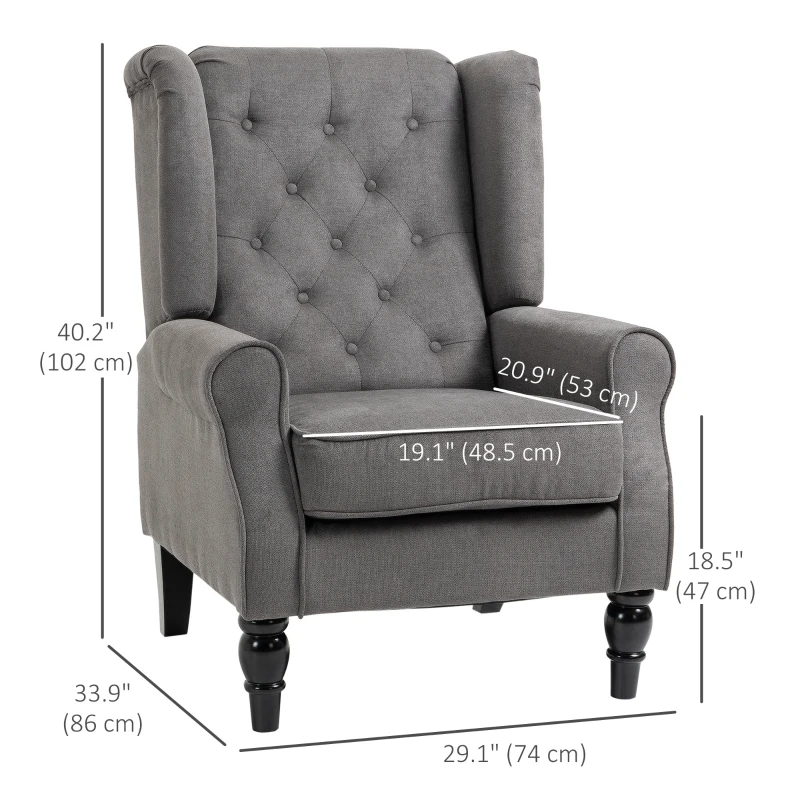 HOMCOM Fabric Accent Chair, Button Tufted Armchair, Armchair with Wood Legs, Thick Padding for Bedroom, Charcoal Grey