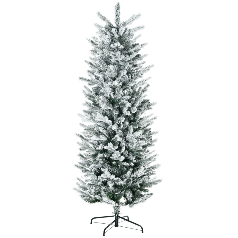 HOMCOM 6' Artificial Flocked Christmas Tree with Snow Frosted Branches, Auto Open, Steel Base