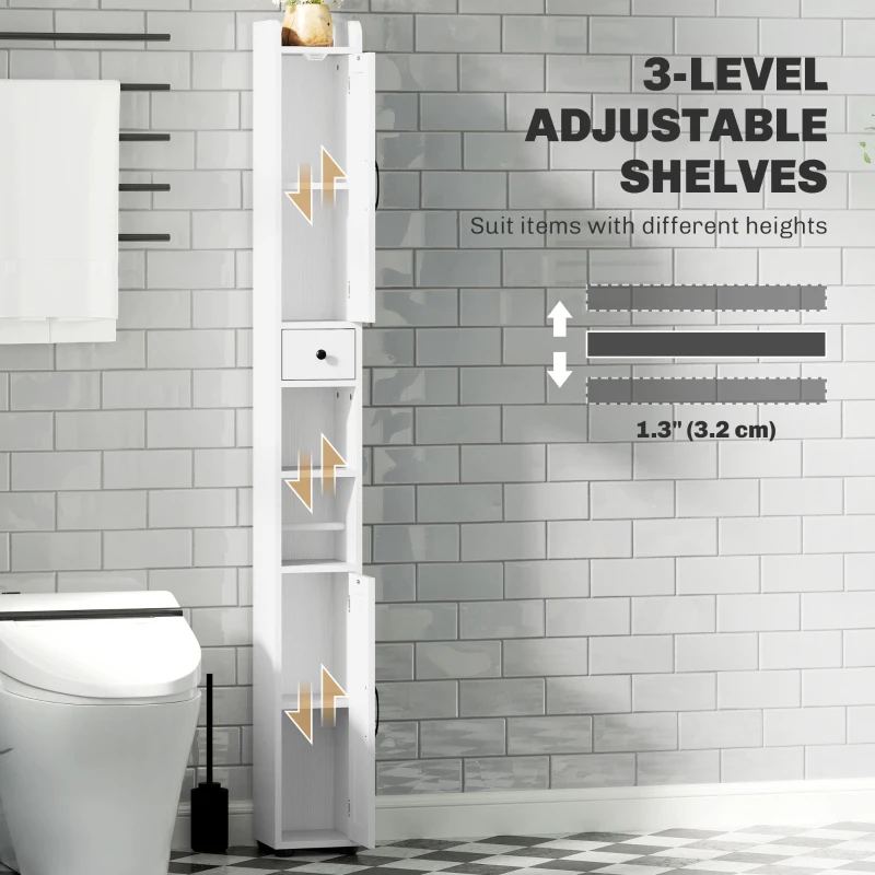 HOMCOM Narrow Bathroom Cabinet, Tall Bathroom Storage Cabinet with Barn Doors, Drawer and Adjustable Shelves, White Wood Grain