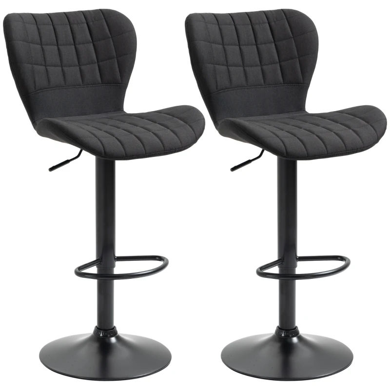 HOMCOM Bar Stools Set of 2, Adjustable Height Swivel Bar Chairs, Linen-feel Fabric Upholstered Kitchen Counter Stools with Wide Seat, Back and Footrest, Black