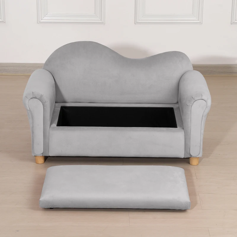 Qaba Ergonomic Foam Kids Sofa with Inner Toy Storage Chest, Velvet Kids Couch with Soft Arms, Children's Lounge Furniture, Gray