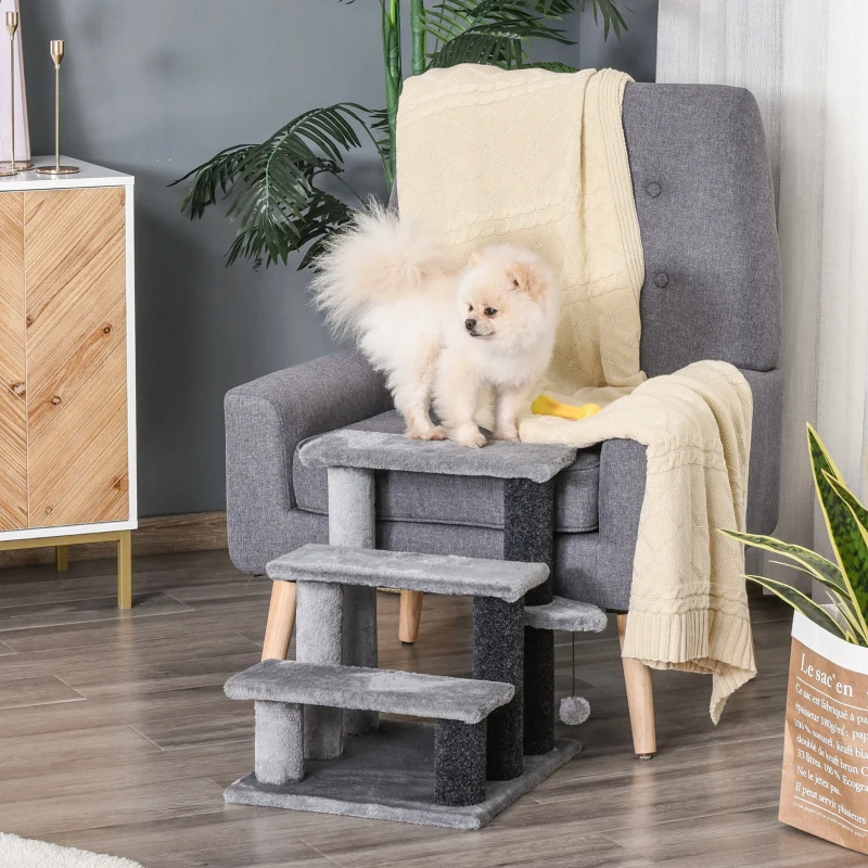 PawHut Cat Stairs for Bed, Couch 3 Steps, Small Cat Tree for Indoor Cats with Scratching Posts Toy Ball, 17.5" x 15.5" x 19"
