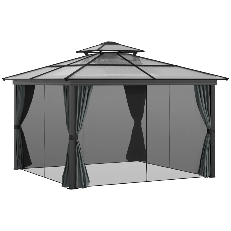 Outsunny 10' x 10' Hardtop Gazebo Canopy with Polycarbonate Roof, Aluminum Frame, Permanent Pavilion Outdoor Gazebo with Netting, for Patio, Garden, Backyard, Deck, Lawn, Black