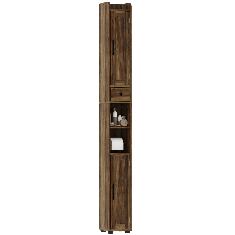 HOMCOM Narrow Bathroom Cabinet, Tall Bathroom Storage Cabinet with Barn Doors, Drawer and Adjustable Shelves, Brown Wood Grain