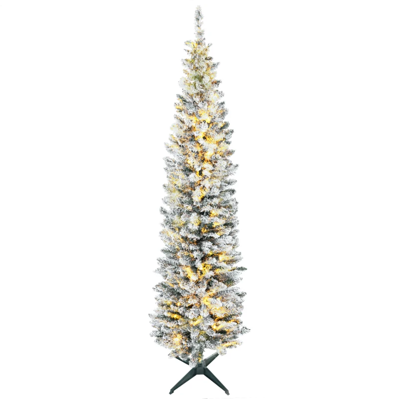 HOMCOM 7ft Pencil Christmas Tree, Slim Artificial Christmas Tree with Realistic Branches and Warm White LED Lights, Green