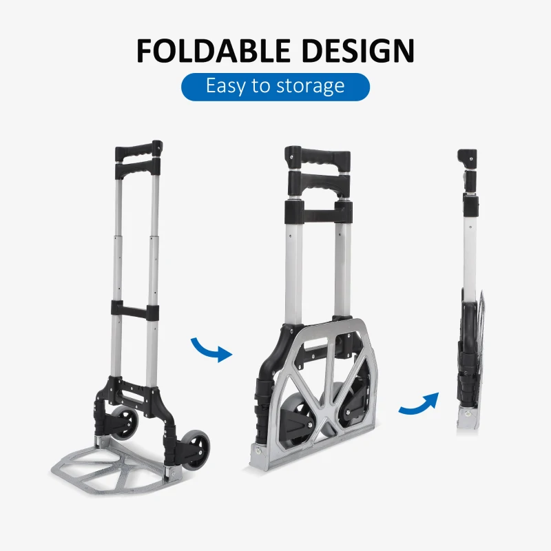 HOMCOM Folding Hand Truck and Dolly with 2 Wheels for Moving, Heavy Duty Luggage Handcart, Aluminum Box Cart with 3 Level Adjustable Telescoping Handle for 154lbs Load Capacity