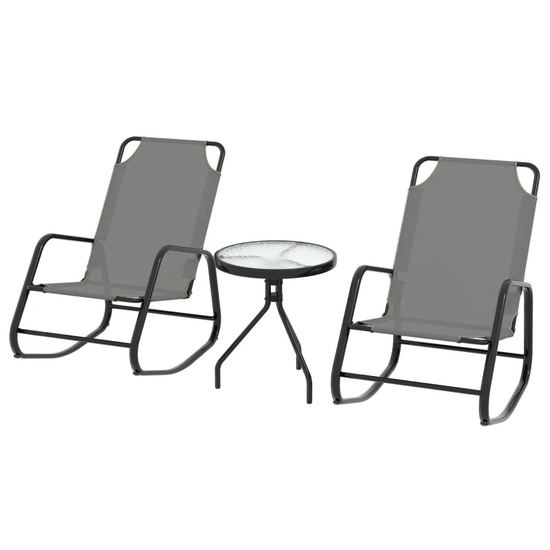 Outsunny Patio Rocking Chairs Set of 2, 3 Pieces Patio Bistro Set with Metal Frame, Breathable Mesh Fabric Seat for Garden, Deck, Grey