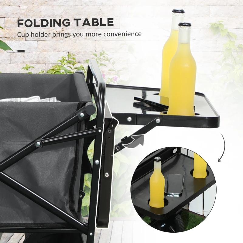 Outsunny Foldable Wagon Garden Carts with Wheels and Side Table, Gray
