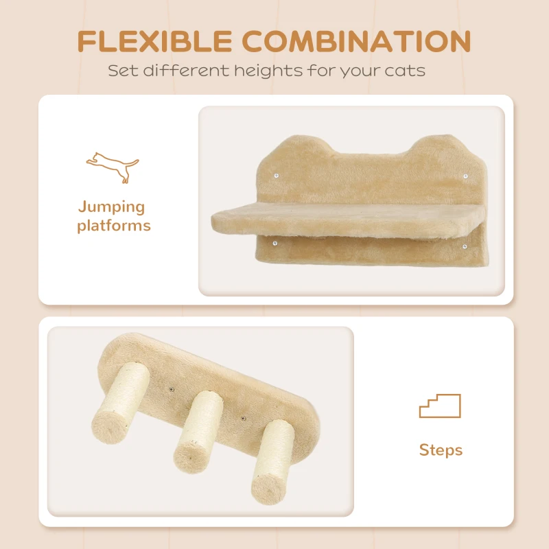 PawHut 3pc Cat Wall Shelves w/ Scratching Post, Perches, Ladder, Steps & Scratching Board, Beige