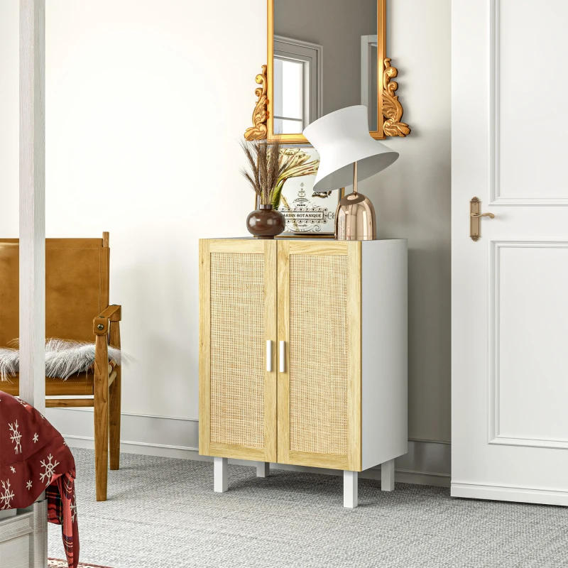 HOMCOM Boho Kitchen Cabinet, Buffet Cabinet with 2 Rattan Doors and Adjustable Shelves for Dining Room, White and Natural