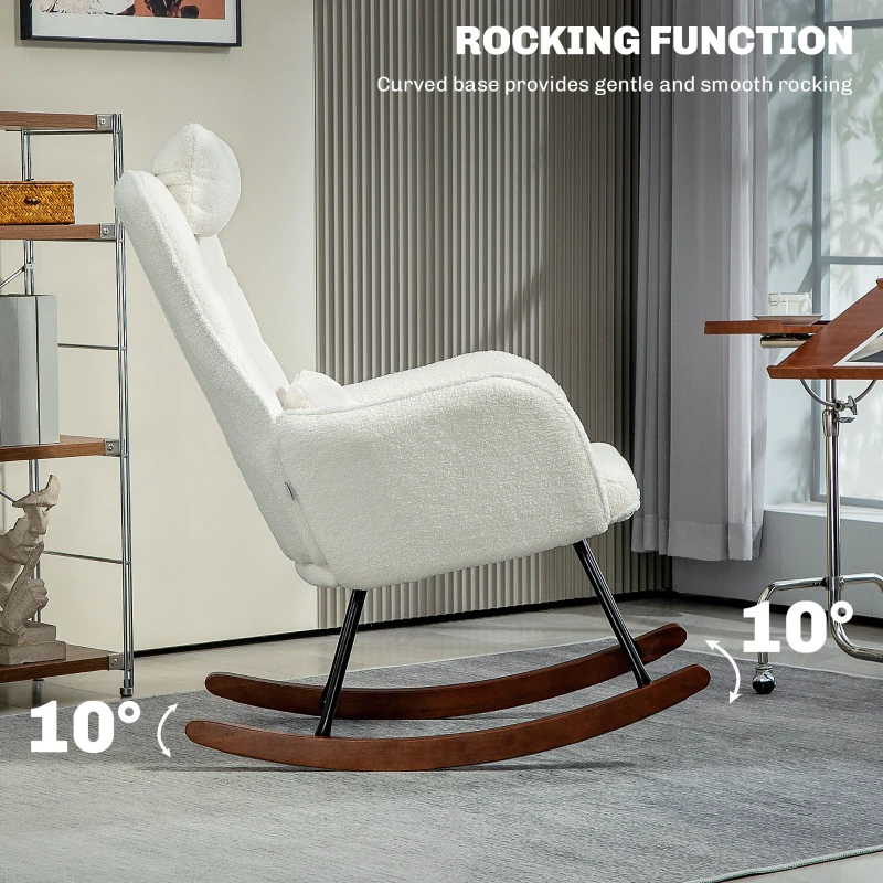 HOMCOM Nursery Rocking Chair with Headrest, Lumber Pillow, Nursing Chair with High Back for Living Room, Bedroom, Cream White