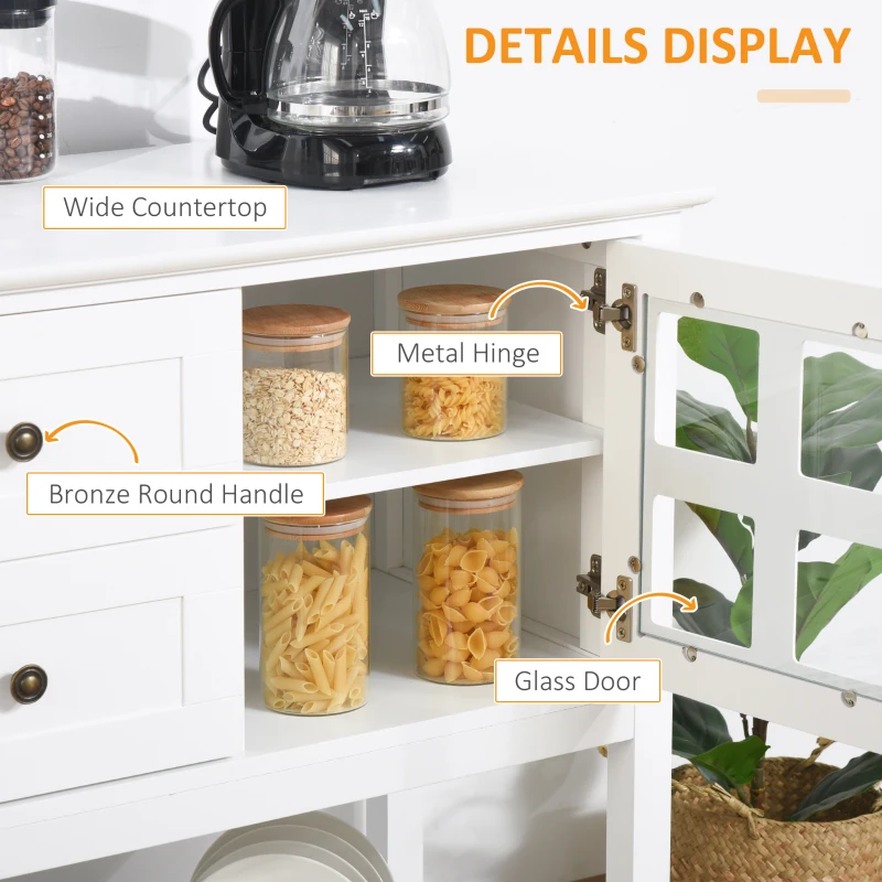 HOMCOM Coffee Bar Cabinet, Kitchen Cabinet with Adjustable Shelves, Glass Doors and 2 Drawers, Sideboard Buffet Cabinet for Living Room, White