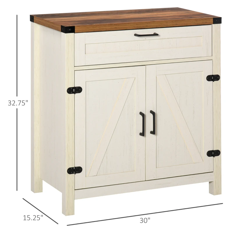HOMCOM Modern Farmhouse Sideboard with Storage, Buffet Cabinet with 2 Barn Doors and Drawer for Dining Room, Distressed White
