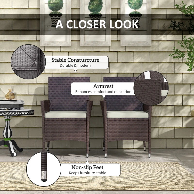 Outsunny 2pcs Rattan Chair Set Garden Wicker Seat Outdoor Patio Furniture with Armrest, Dark Coffee