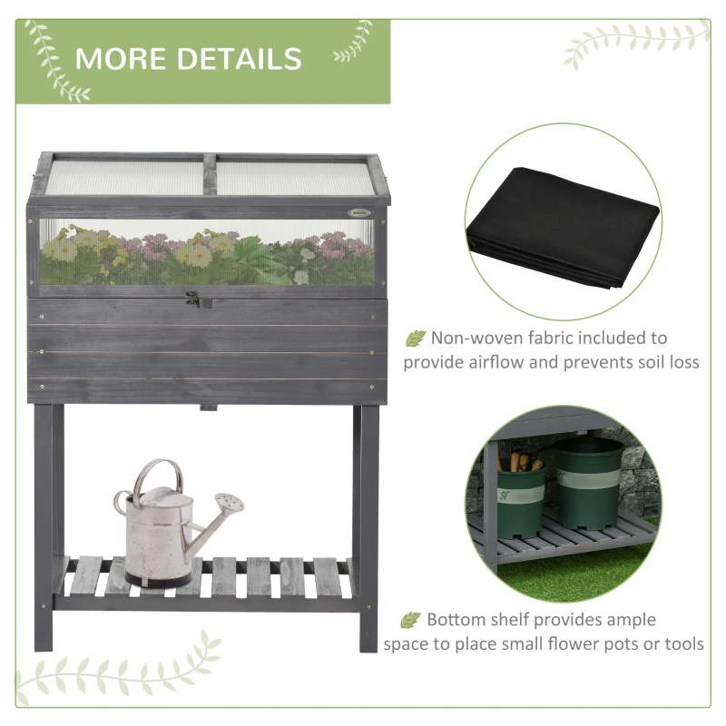Outsunny Raised Garden Bed with Cold Frame Greenhouse, Grow Grids and Storage Shelf, Outdoor 2 Tiers Elevated Wood Planter Box for Herbs and Vegetables, Use for Patio, Backyard, Balcony