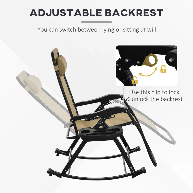 Outsunny 2 Outdoor Rocking Chairs Foldable Reclining Zero Gravity Lounge Rockers w/ Pillow Cup & Phone Holder, Beige